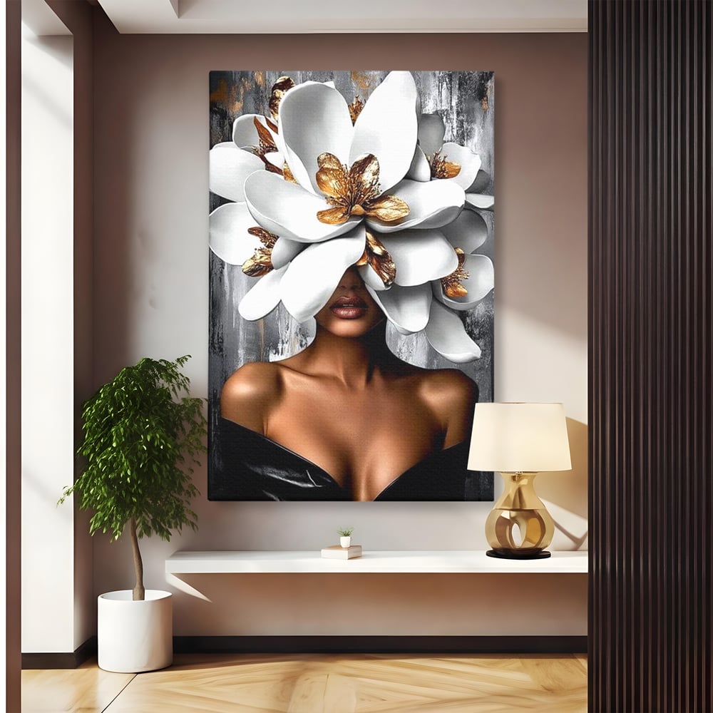 Tablou canvas cu tablou canvas cu femeie si magnolie alba, fara rama, pe sasiu de lemn